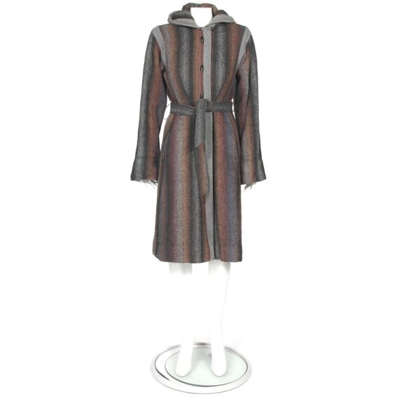 Vintage 1980s Hooded Coat Toggle Ombre Striped Wool Belted Jacket Coat sz M /912 - Picture 3 of 10